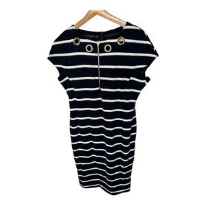 Escada Pencil Dress EU Size 44 XL Grommet Neckline Navy Blue Gold Striped Lined